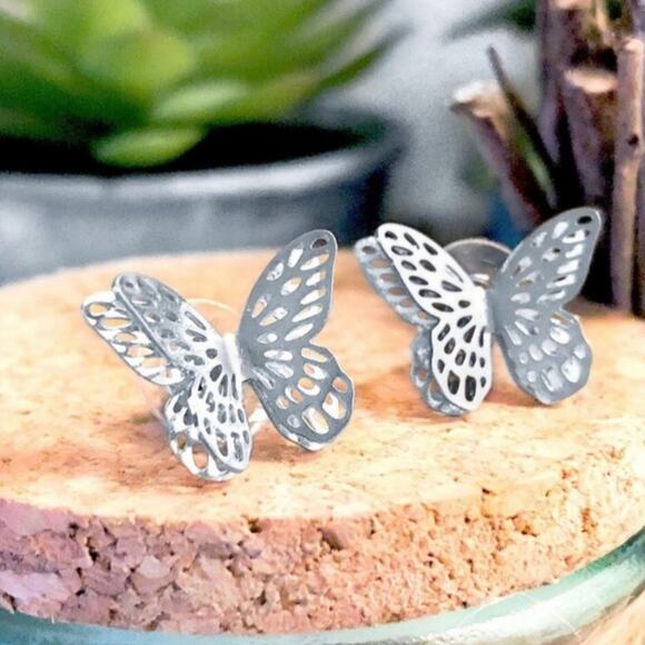 Women's Layered Double Butterfly Stud Earrings in Silver Tone - Picture 7 of 10